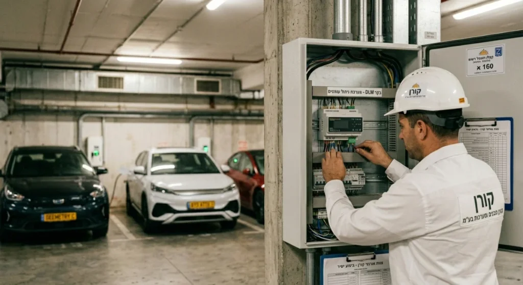 חשמלאי עובד על לוח חשמל בחניון