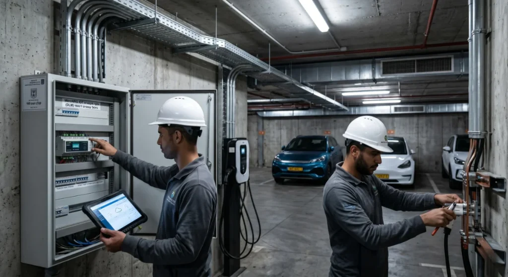 עובדים מתקינים עמדת טעינה לרכב חשמלי
